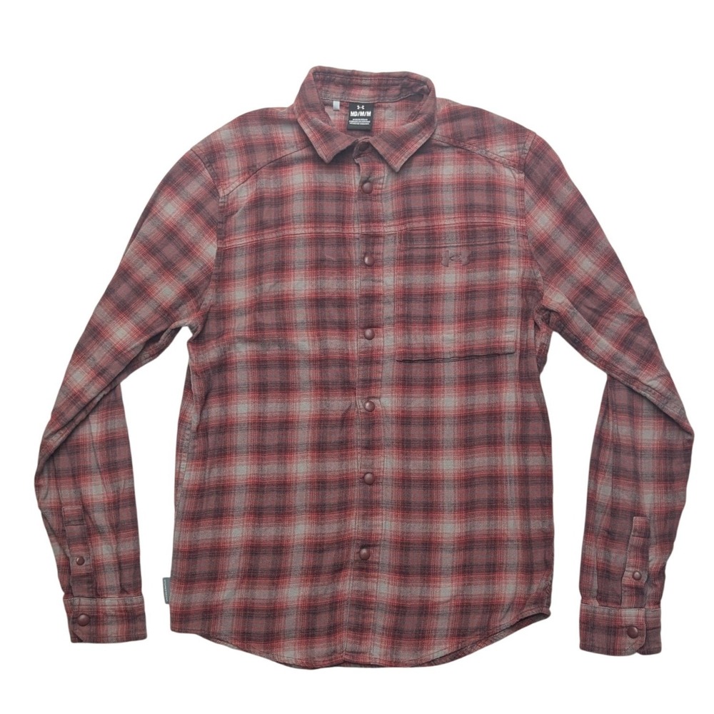 Under Armour Flannel Shirt Mens Medium Red Grey Plaid Snap Front Long Sleeve